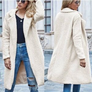 Cream ivory faux-fur long teddy jacket coat trench by H&M UK, size S small